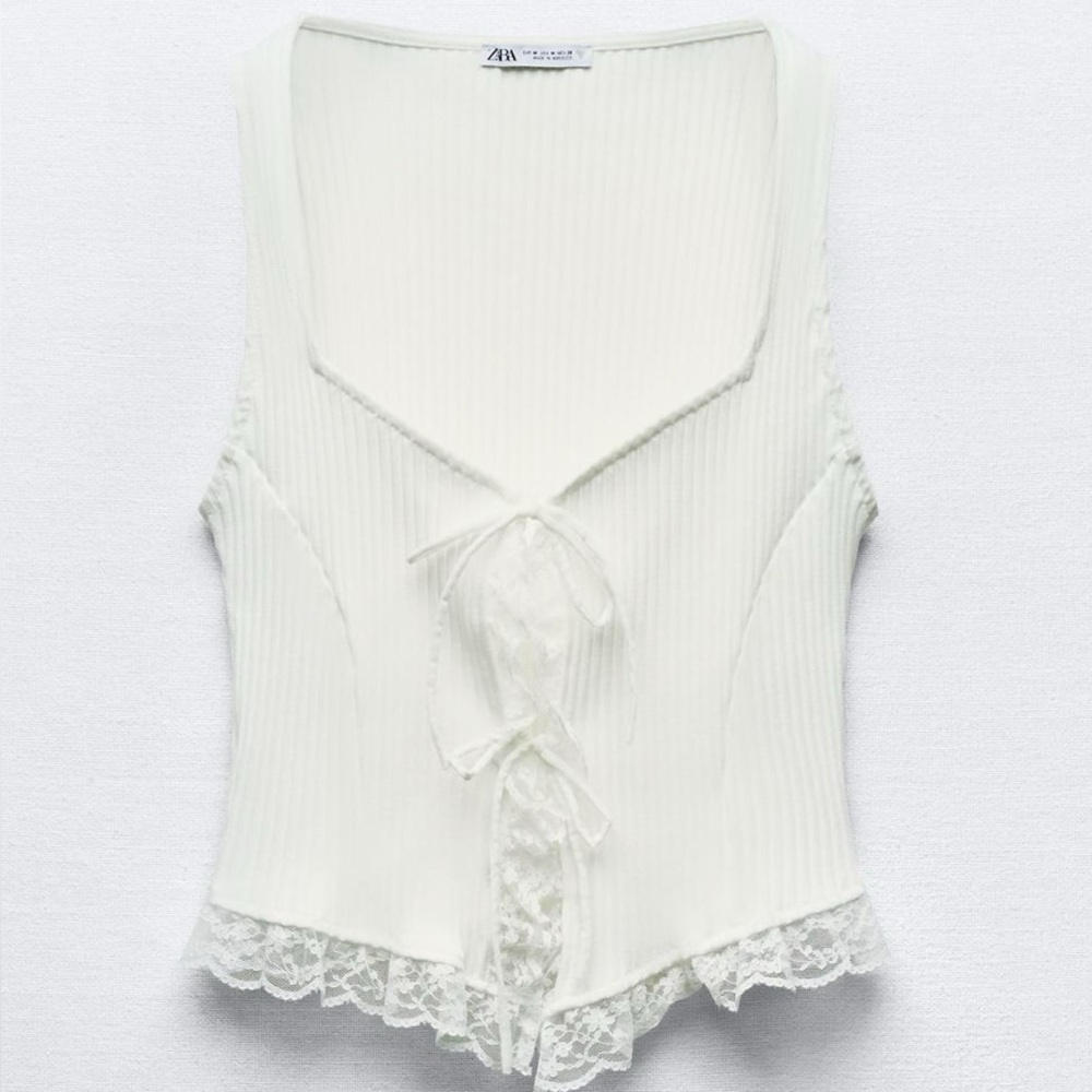 ZARA RIBBED WHITE TIE FRONT LACE TRIMMED TANK